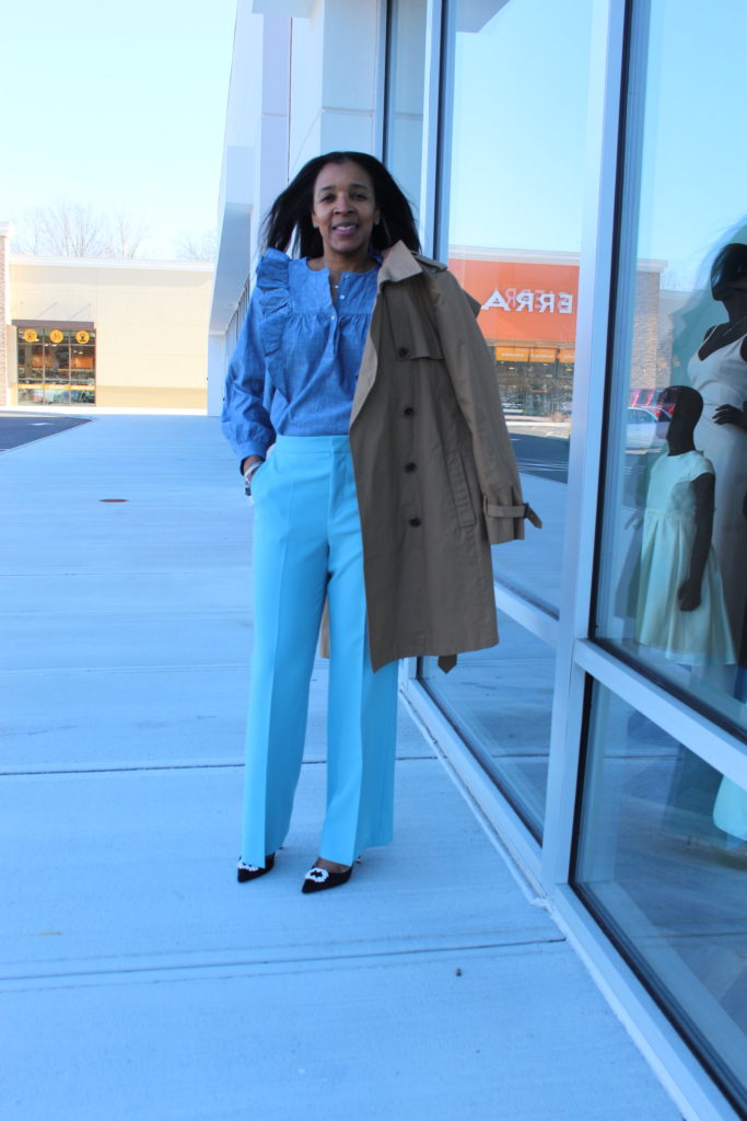 Blogger style Zara light blue pants with trench coat and denim shirt 